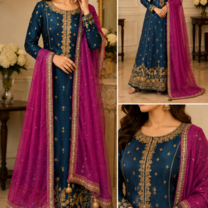 Teal Blue Sheesha Silk Formal with Shocking Pink Dupatta
